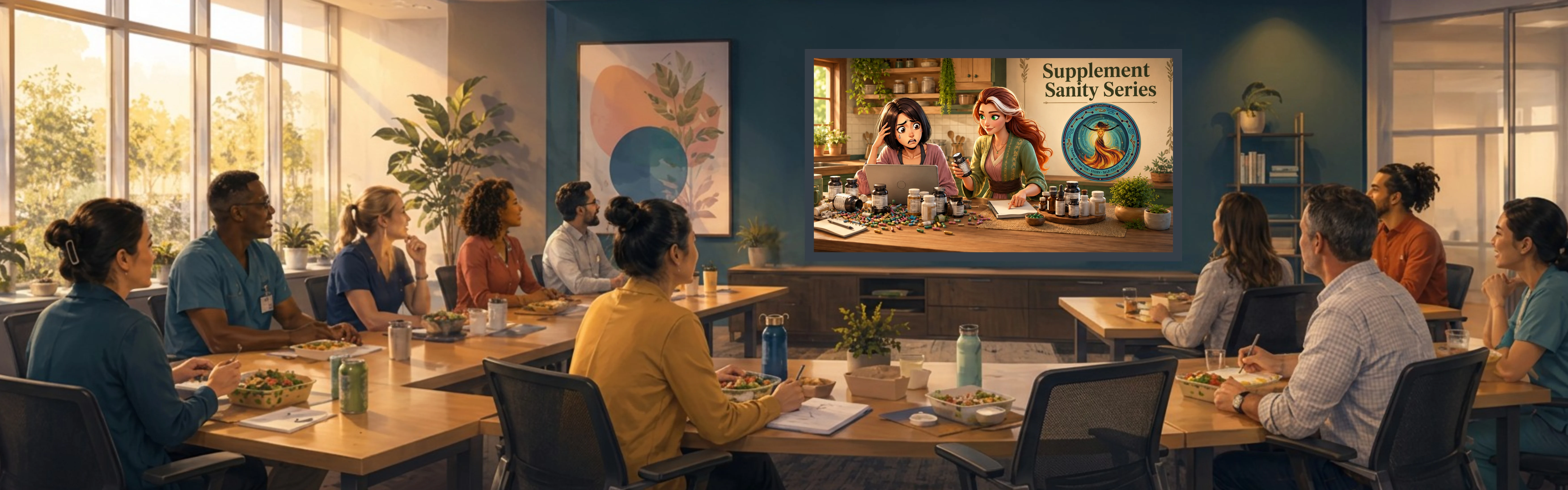 A team gathered over lunch watching a Supplement Sanity Series session on the screen